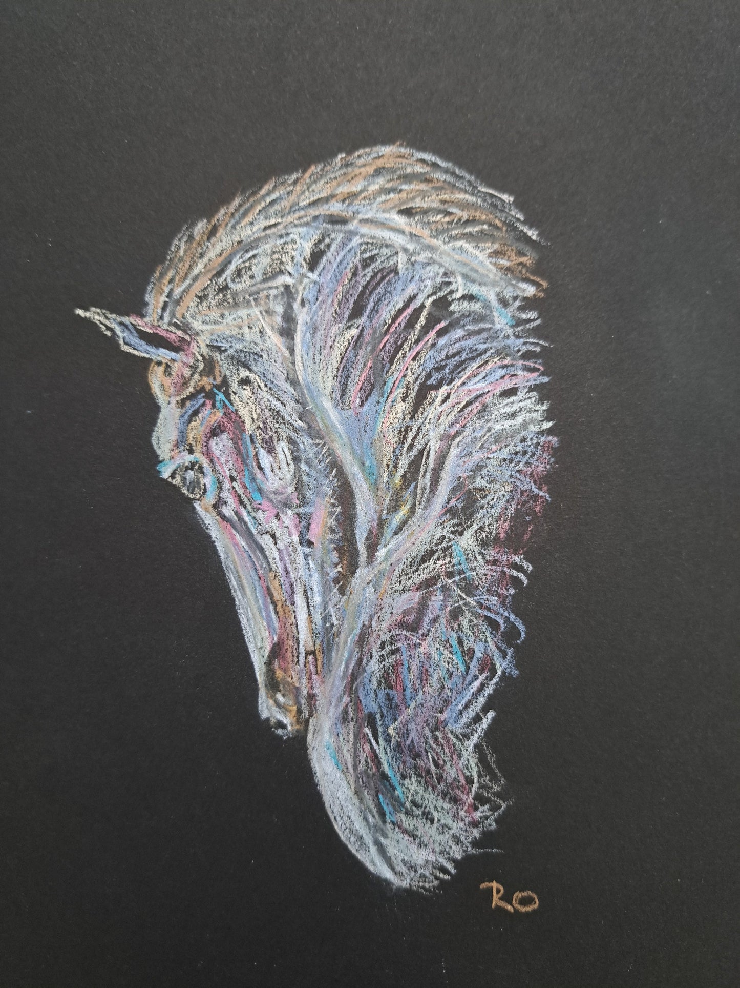 Metallic Horse Pencil Drawing on Black Paper