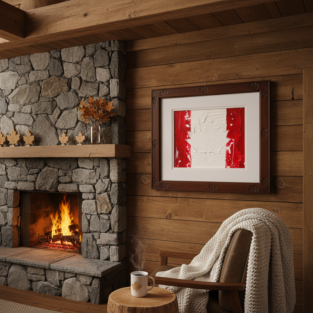 Canadian Flag Abstract - White Mat Framed in Rustic Canadian Setting