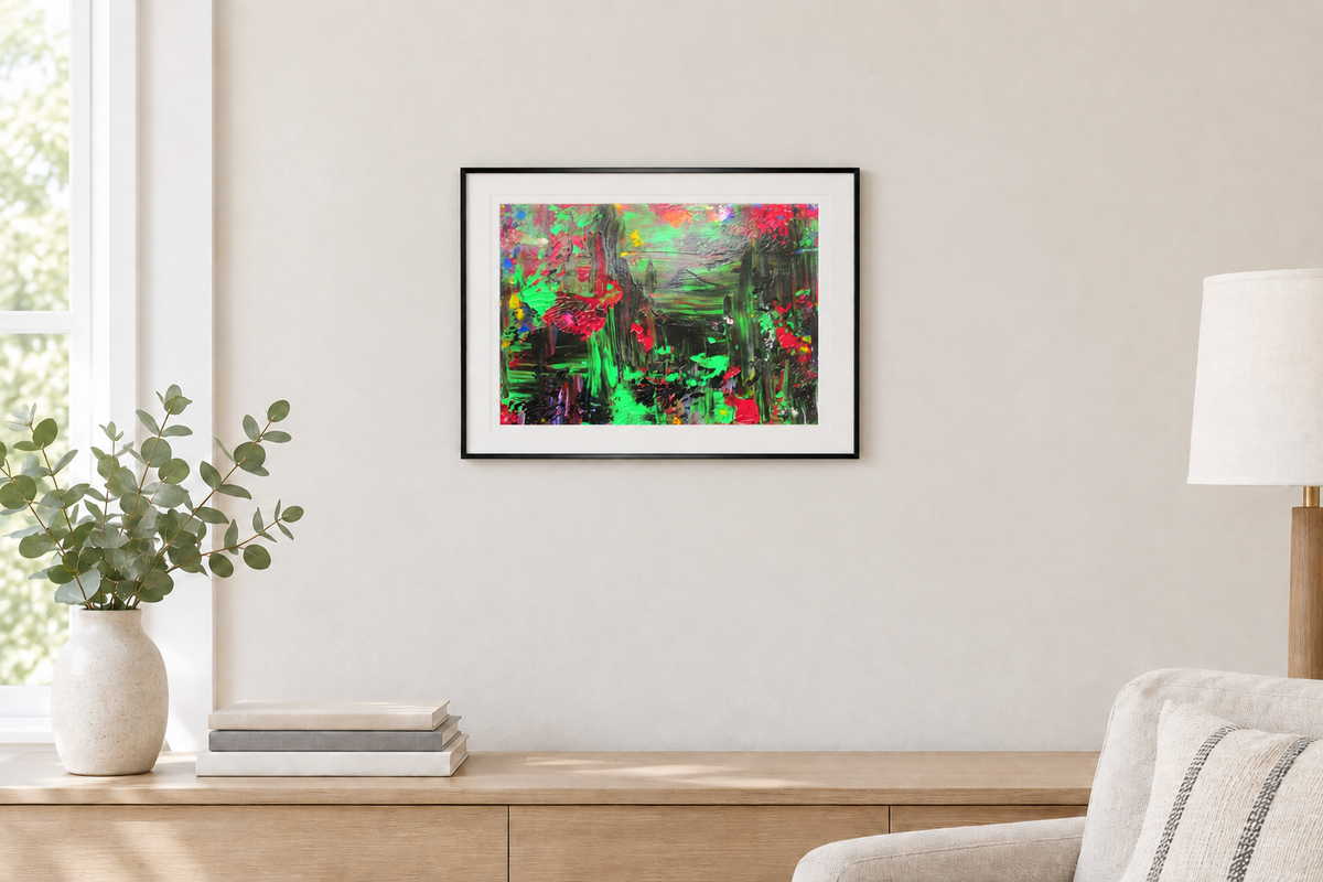 Smaller horizontal framed painting on the room wall