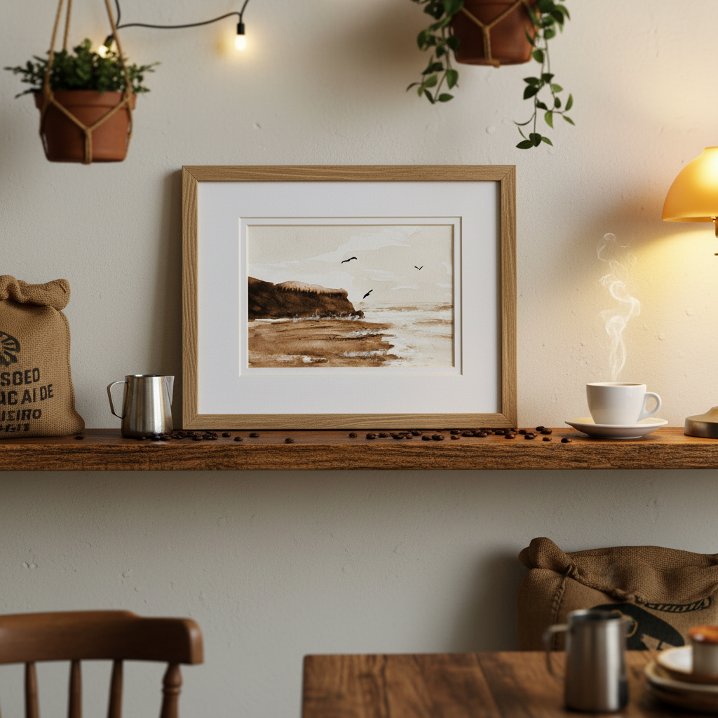 Watercolor Coffee Beach - Framed with 8x10 White Mat