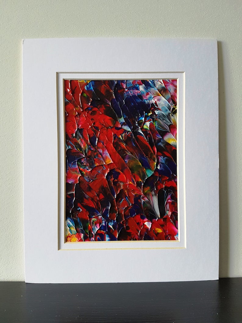 Original Acrylic Abstract Red Bouquet Painting Fine Art in White Mat.