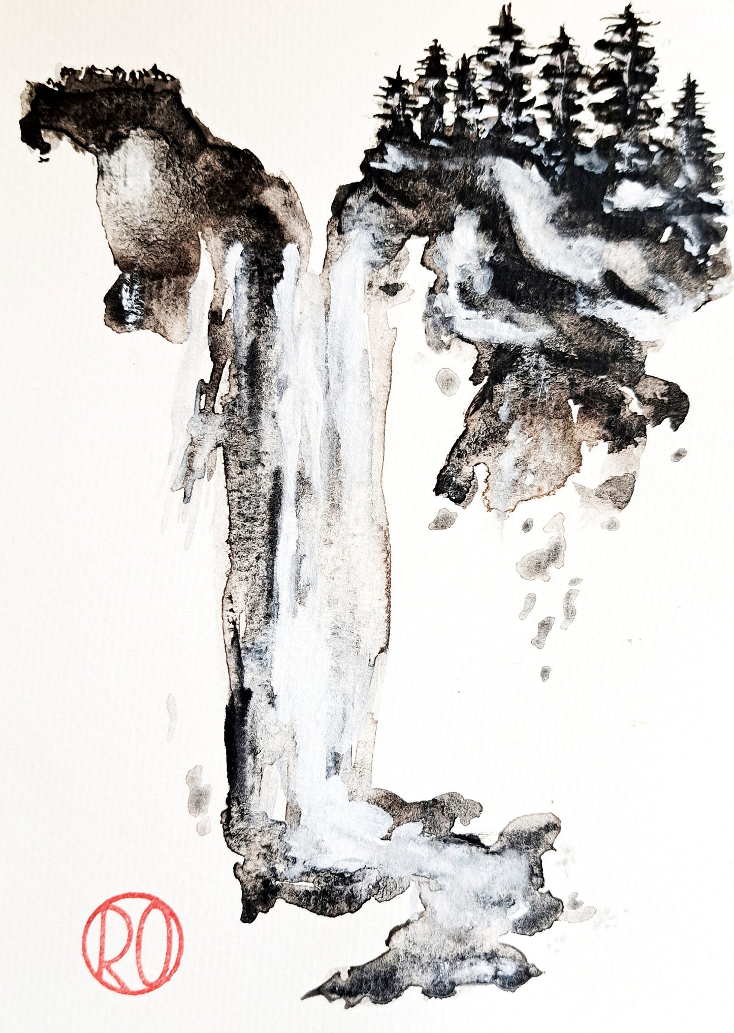 Sacred Mountain Watercolor Charcoal Painting
