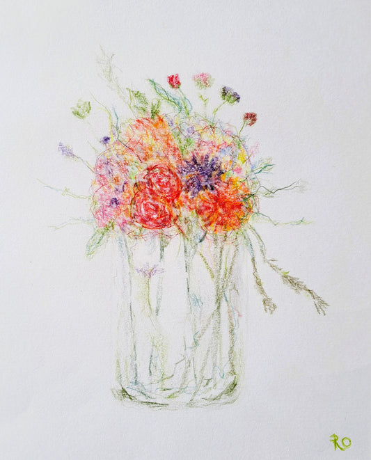 Jar of Wild Flowers Color Pencil Drawing