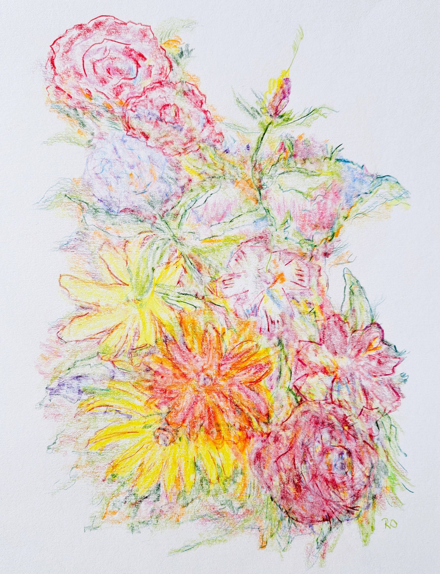 Garden Flowers Colored Pencil Drawing