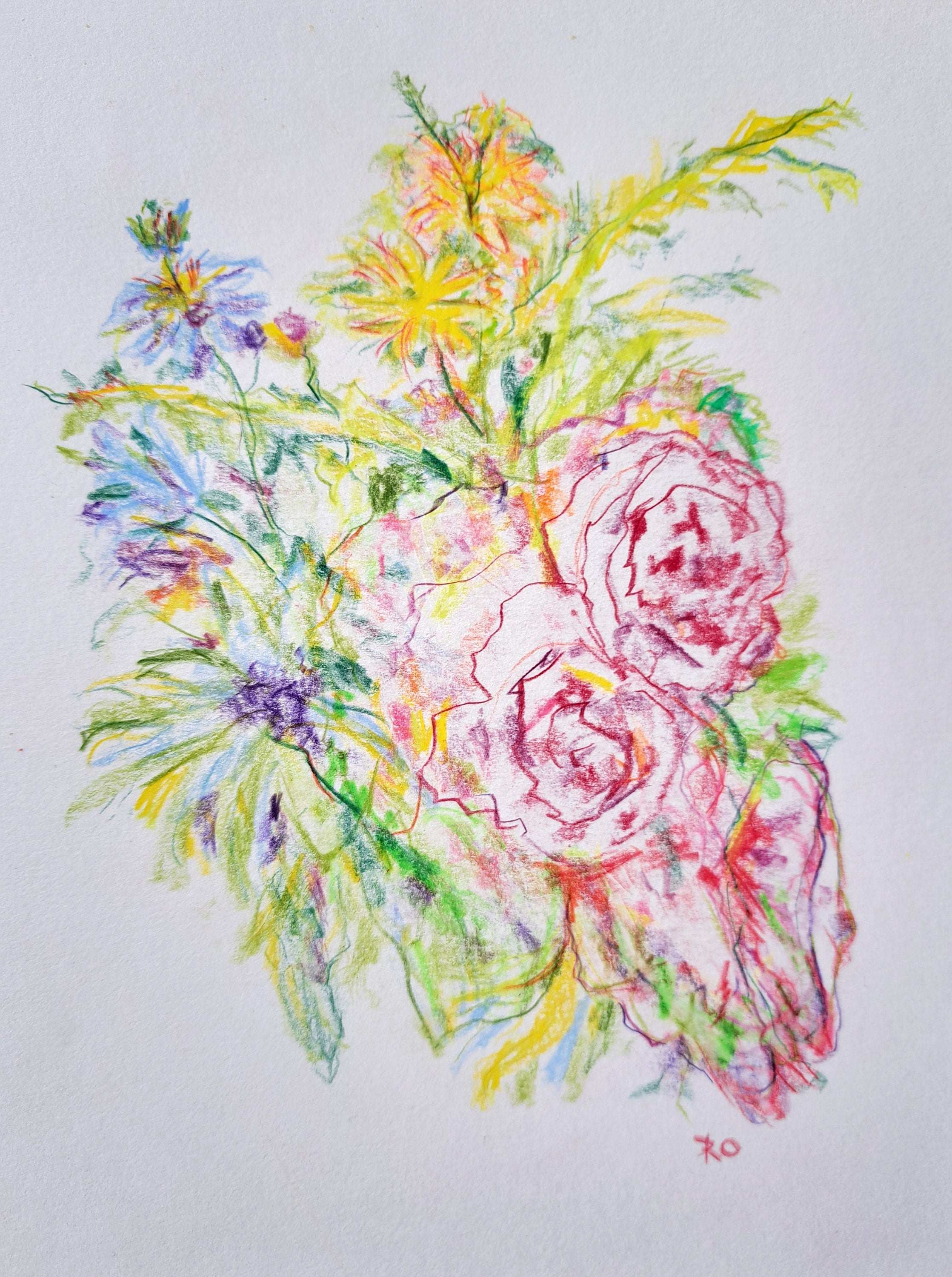 Art style pink apple flower color pencil sketch. floral photo art.